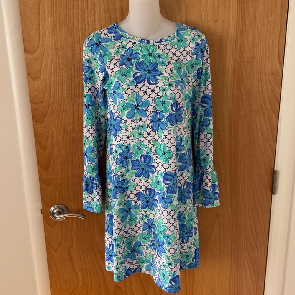 IBKUL Crew Neck Dress Bell Sleeve Blue White Geometric Print Women’s sz small